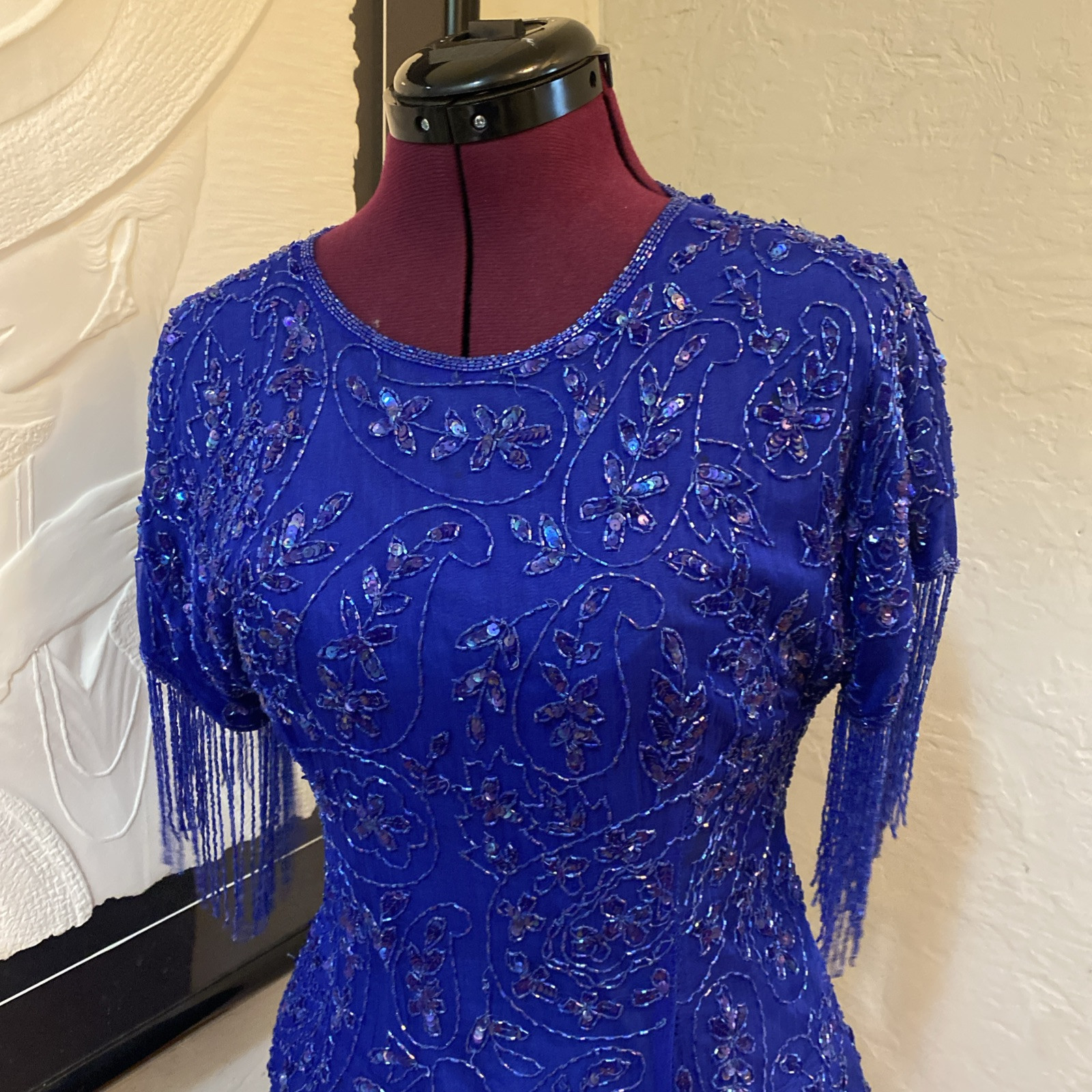 Vintage 80s Dark Blue Silk Sequin Beaded Fringe Cocktail Formal Mini Dress Med