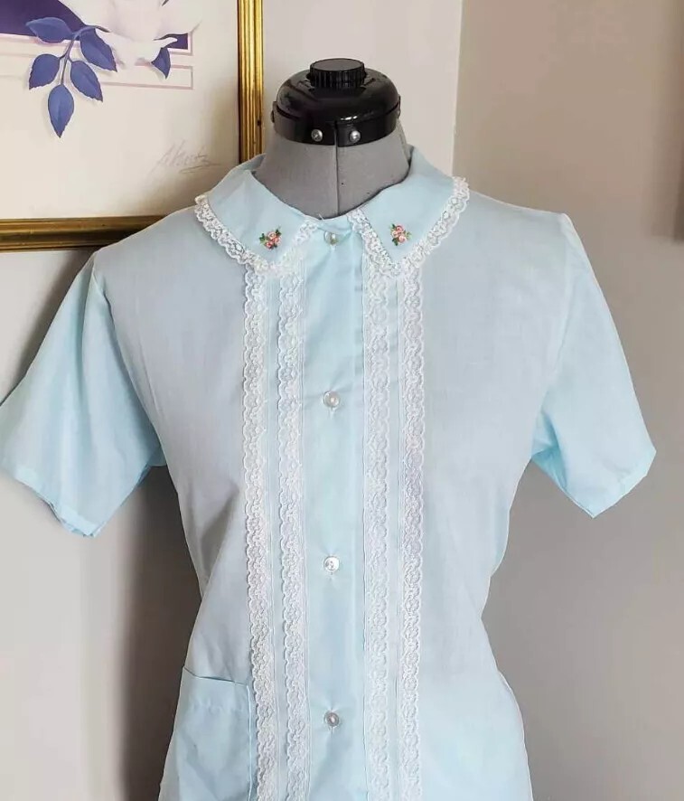 Vintage 1950s set of pajamas, embroidered blue lace pajama set shirt and pants