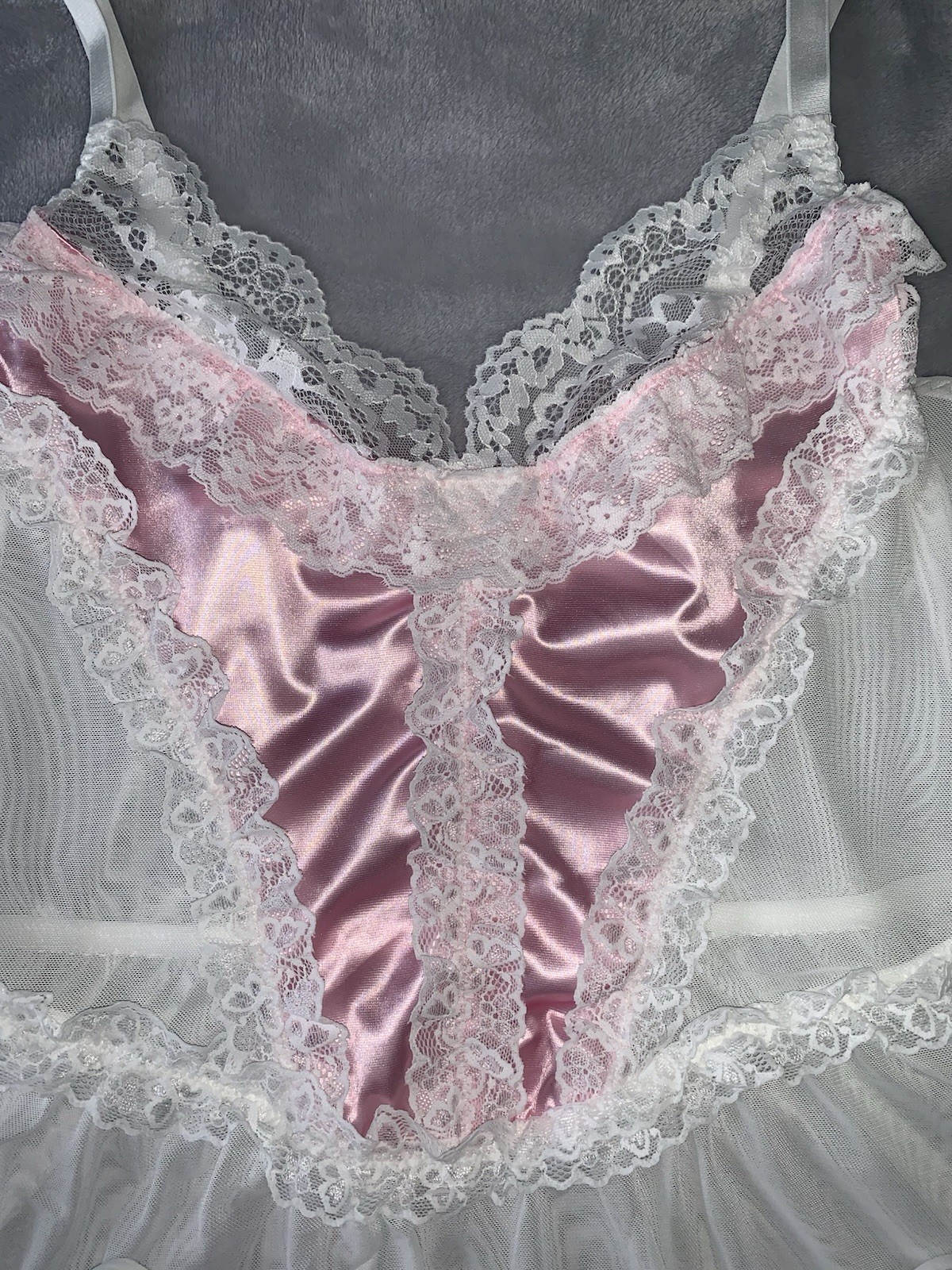 NEW Shiny Satin & Frilly Lacy Nightie 2X Babydoll Negligee Chiffon Sheer 2pc