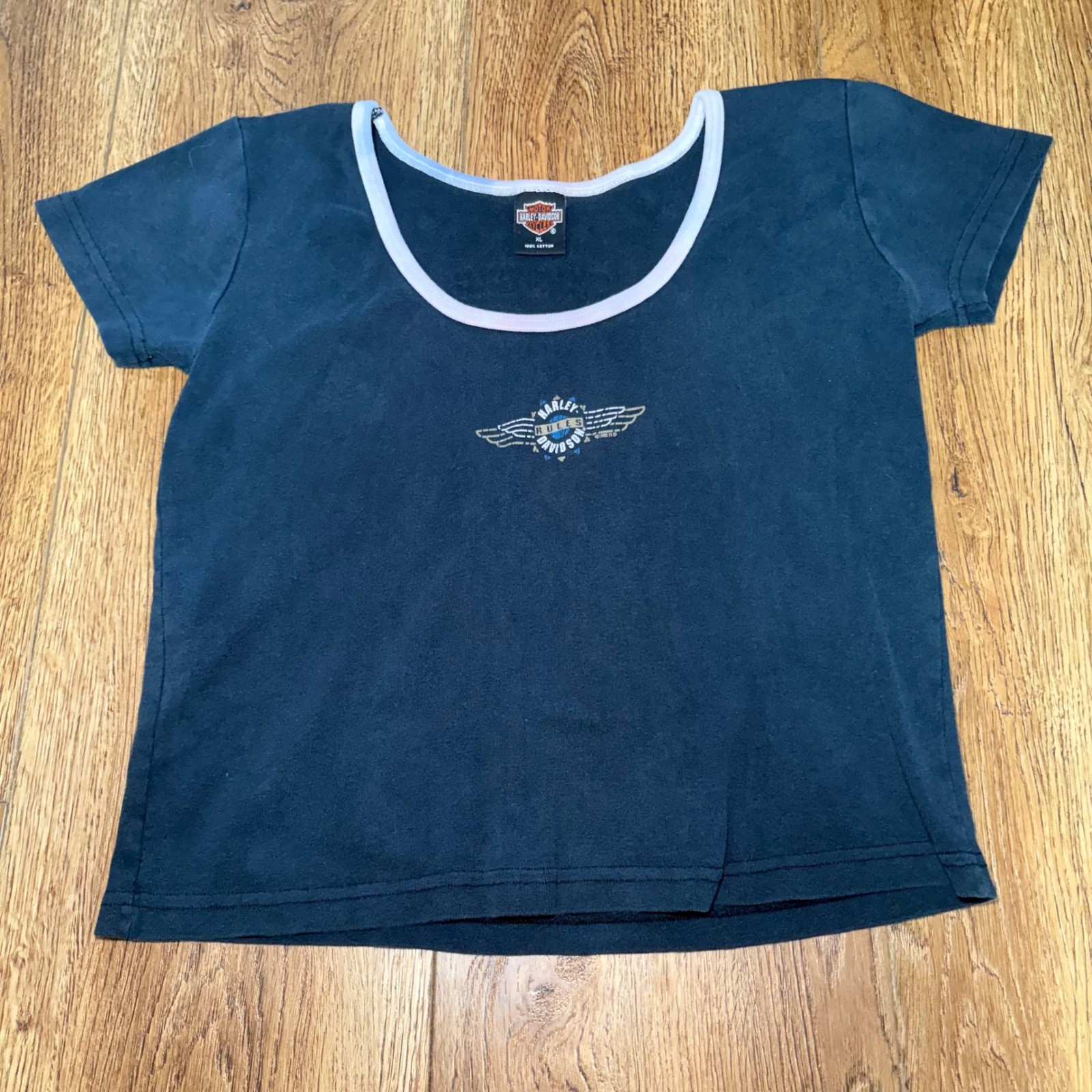 VTG 1995 Harley Davidson Rules Womens XL Baby Tee Houston TX Ringer Shirt USA