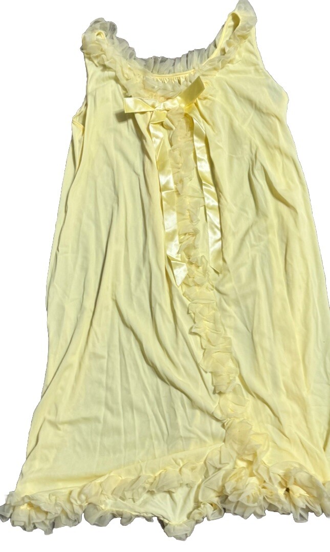 Vgt 60’s Sculptress Pale Yellow Sheer Nylon Lingerie Satin Ribbon Ruffles Sz S