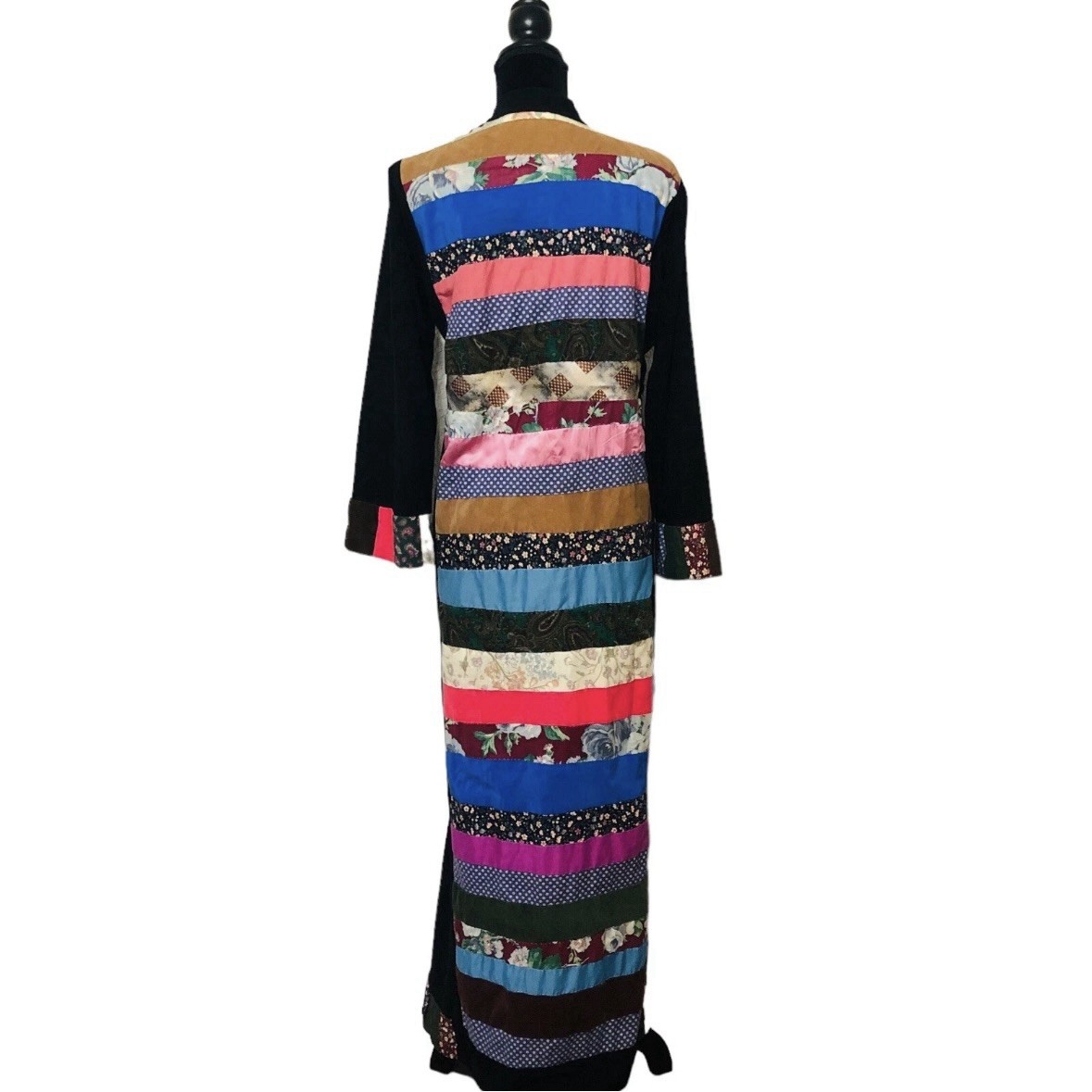 Vintage 60s 70s Velvet Patchwork Duster Jacket Long Maxi Coat Large / XL