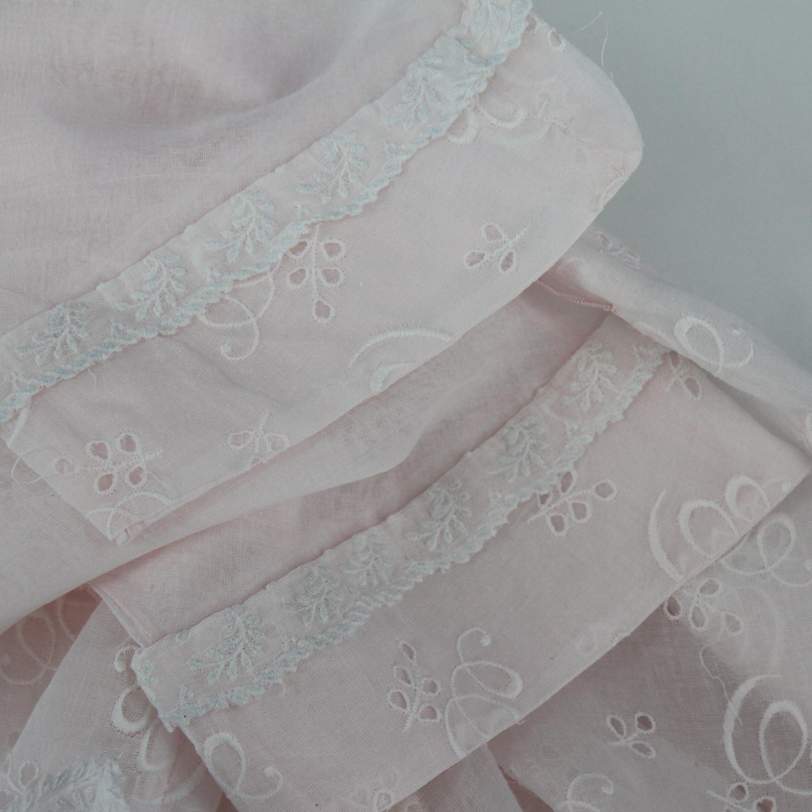Vintage 1940s-50s Pink Organdy Embroidered Dress Lace Trim Hand Sewn Hem