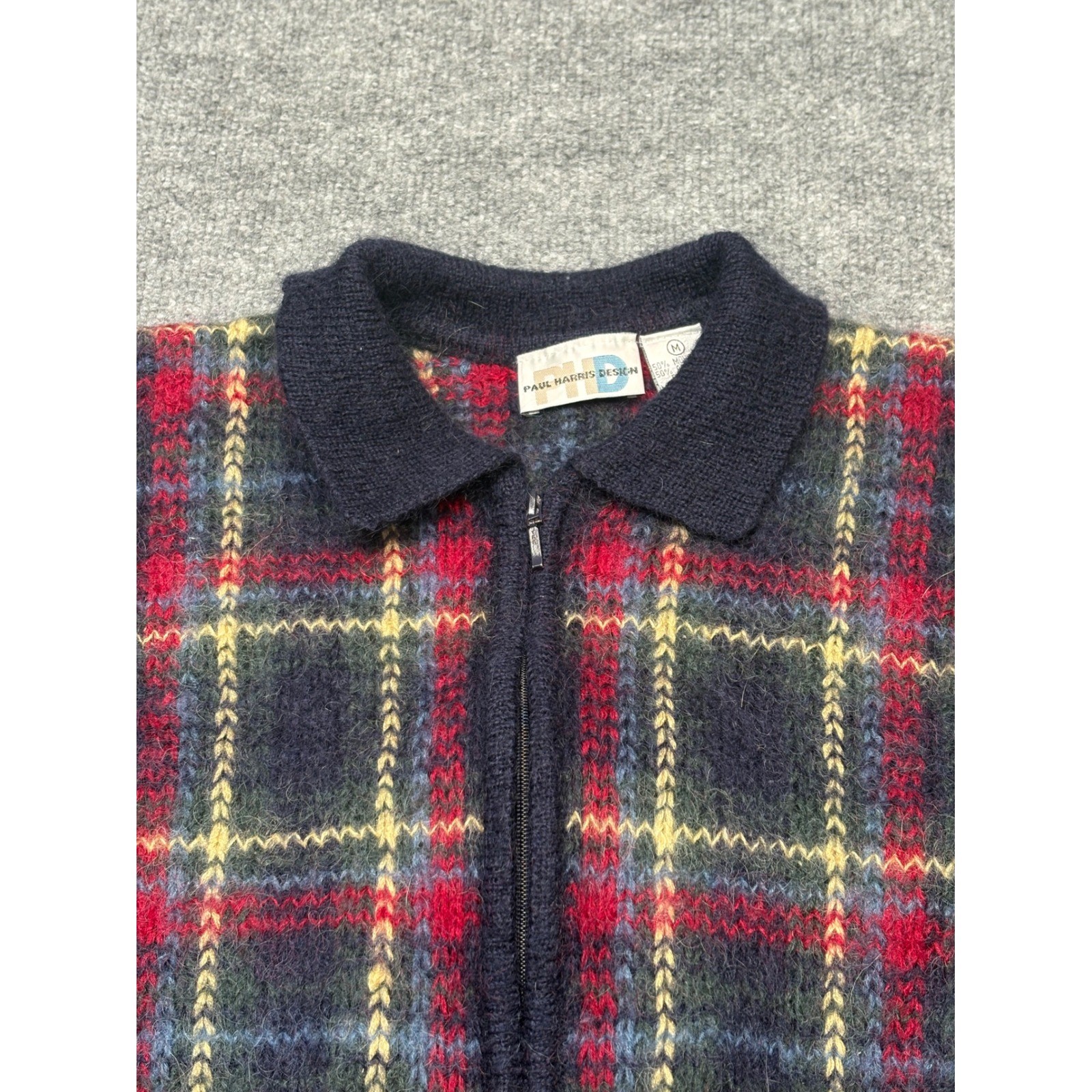 Vintage Paul Harris Design Mohair Blend Plaid Zip Up Cardigan Sweater Medium