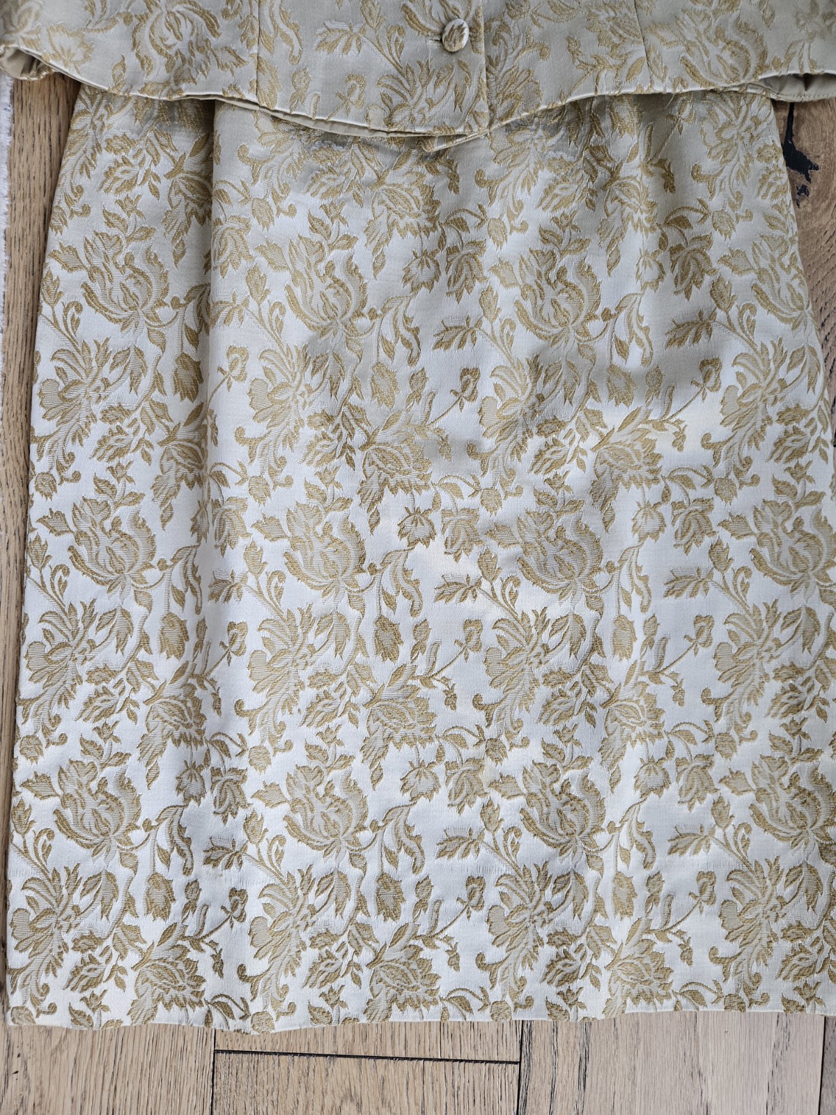 Vintage ILGWU Brocade Floral Jacket Top & Skirt Suit Beige Gold 1960s