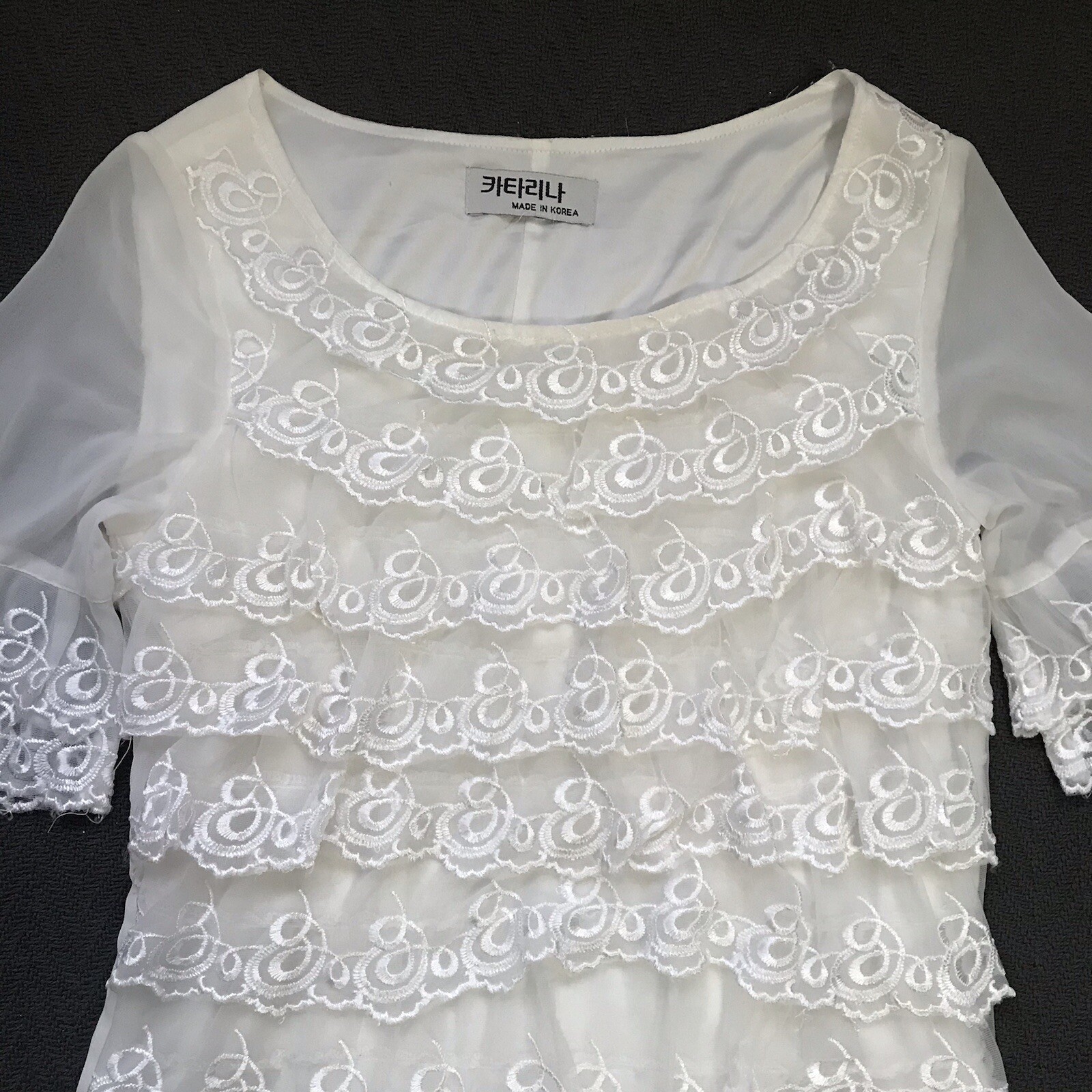VTG Korean Mini Dress or Blouse White Embroidered Lace Princess Style Size XS S