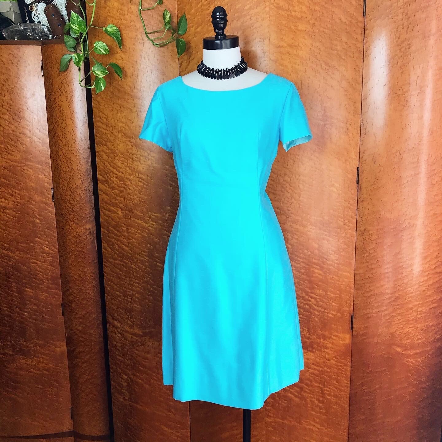 SILK LINEN 1960’s 60s Turquoise Blue Vintage Emma Domb Cocktail Easter Dress S M