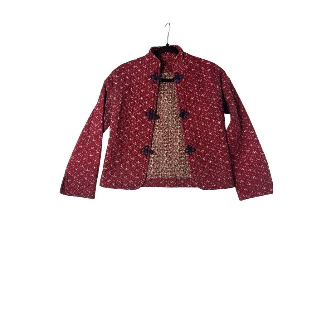 Vintage Burgundy Floral Quilted Jacket Mandarin Collar Frog Closures Calico