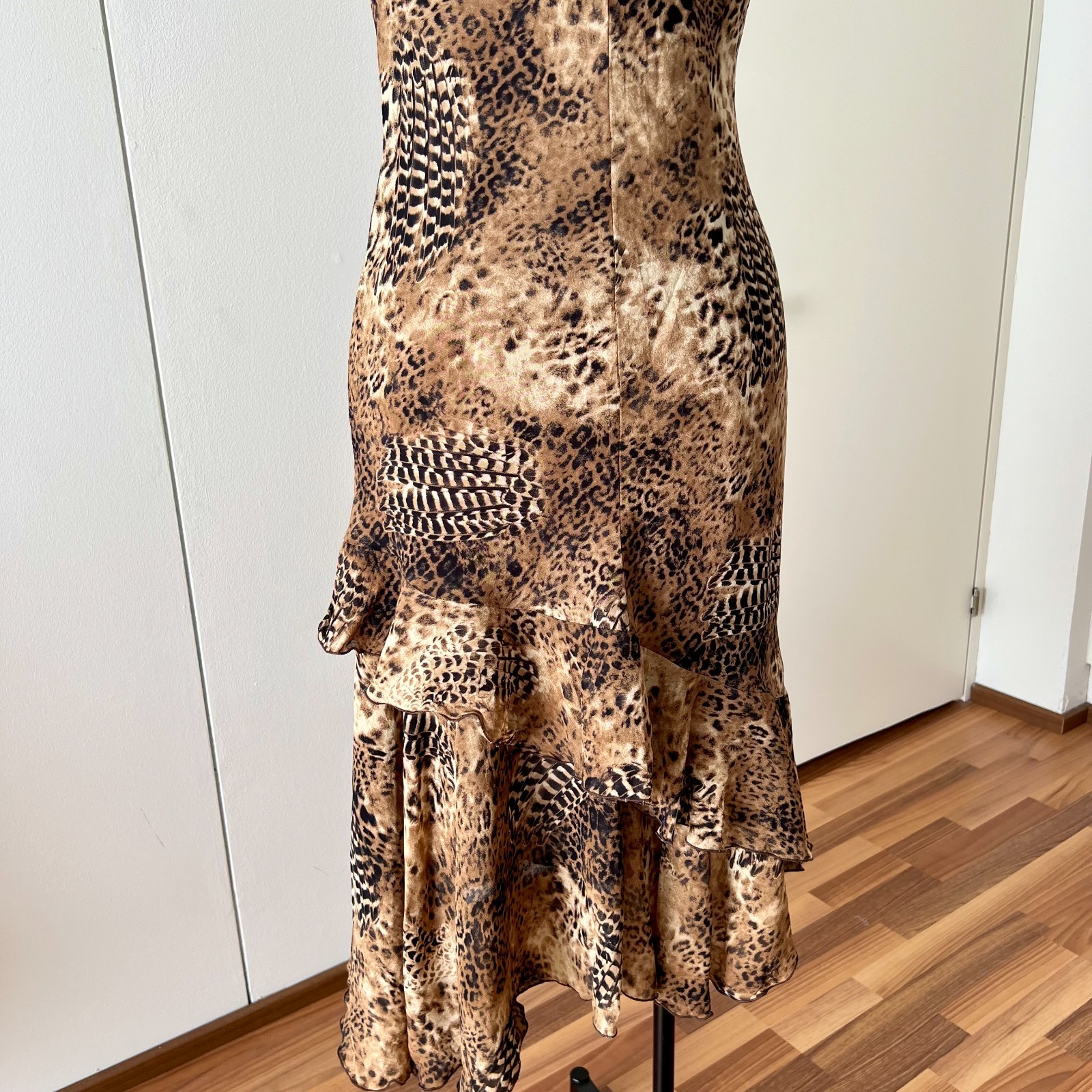 90s Leopard Print Midi Slip Dress Asymmetrical Hem Fairycore Bias Cut Slinky 44
