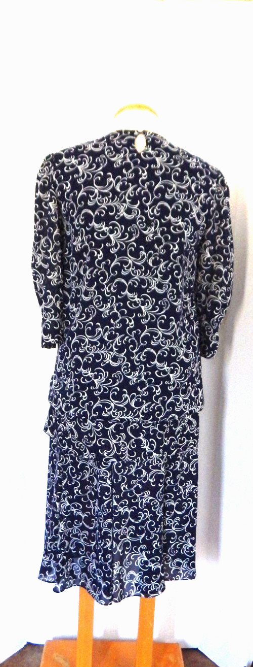 Vintage 80s Liz Roberts Dark Blue Floral Lace Collar Below Knee Dress Size 10