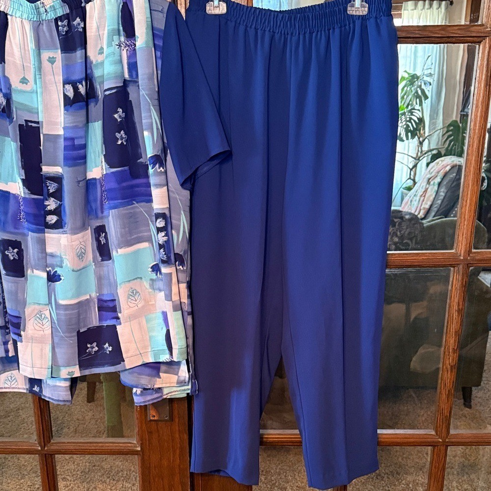 Stephanie Thomas Sport Vintage 3 Piece Set Blue Abstract Jacket Skirt Pant 14 16