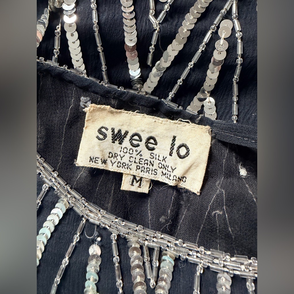 VTG 80s Sweelo Beaded Silk Dress Black Silver Extravagant Sequin Chevron Size M