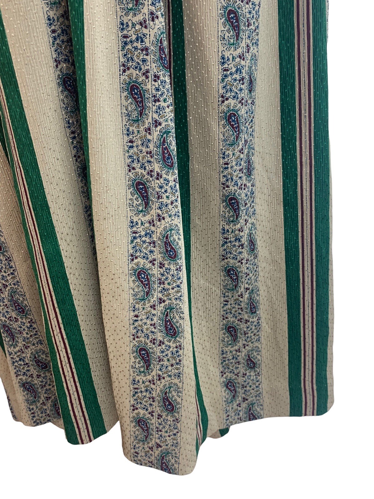 Vtg 70s Bohemian Polyester Dress Deep V Lace Paisley Festival Midi Beige Green s
