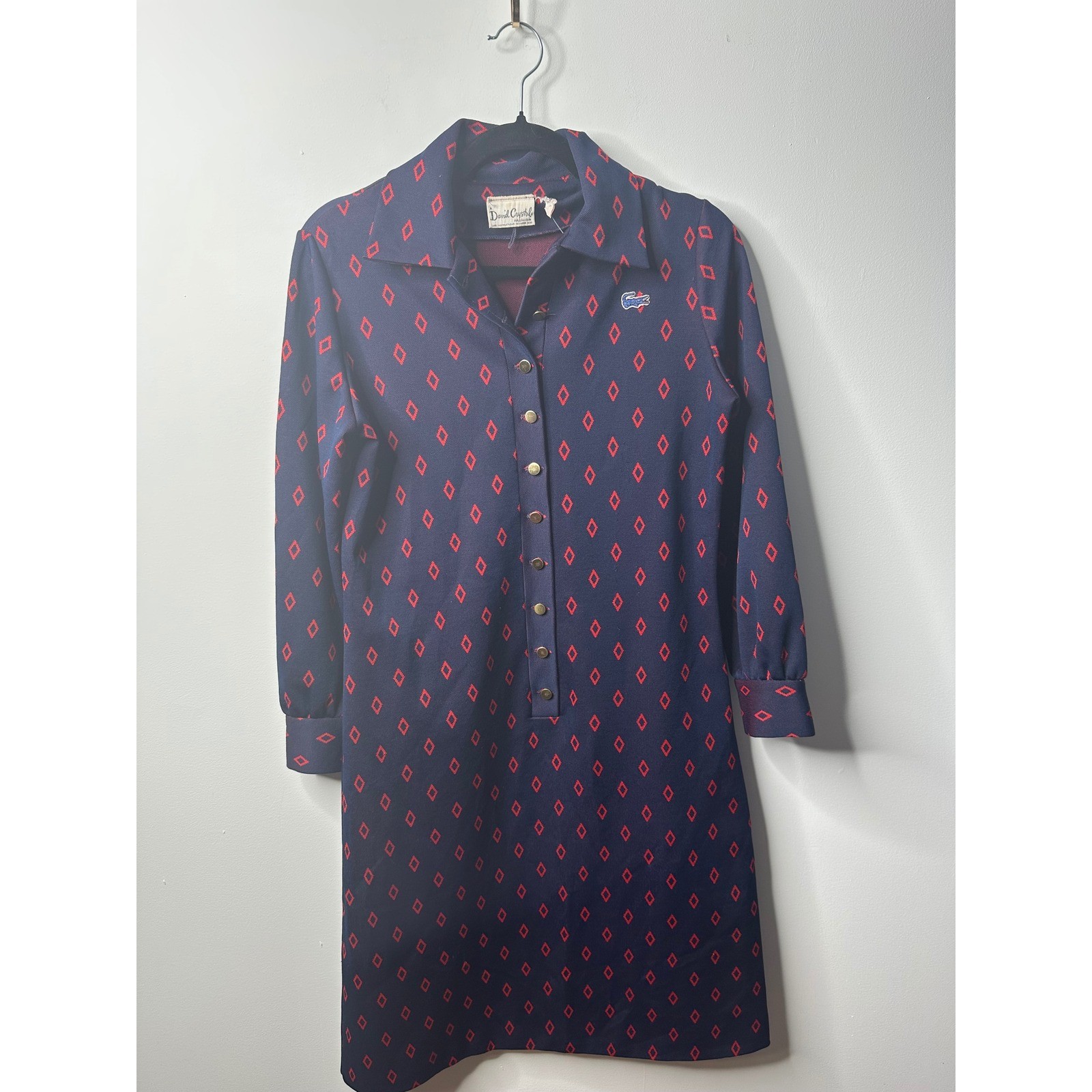Vintage David Crystal Lacoste Navy Red Diamond Knit Shift Dress Size 10 Long Slv