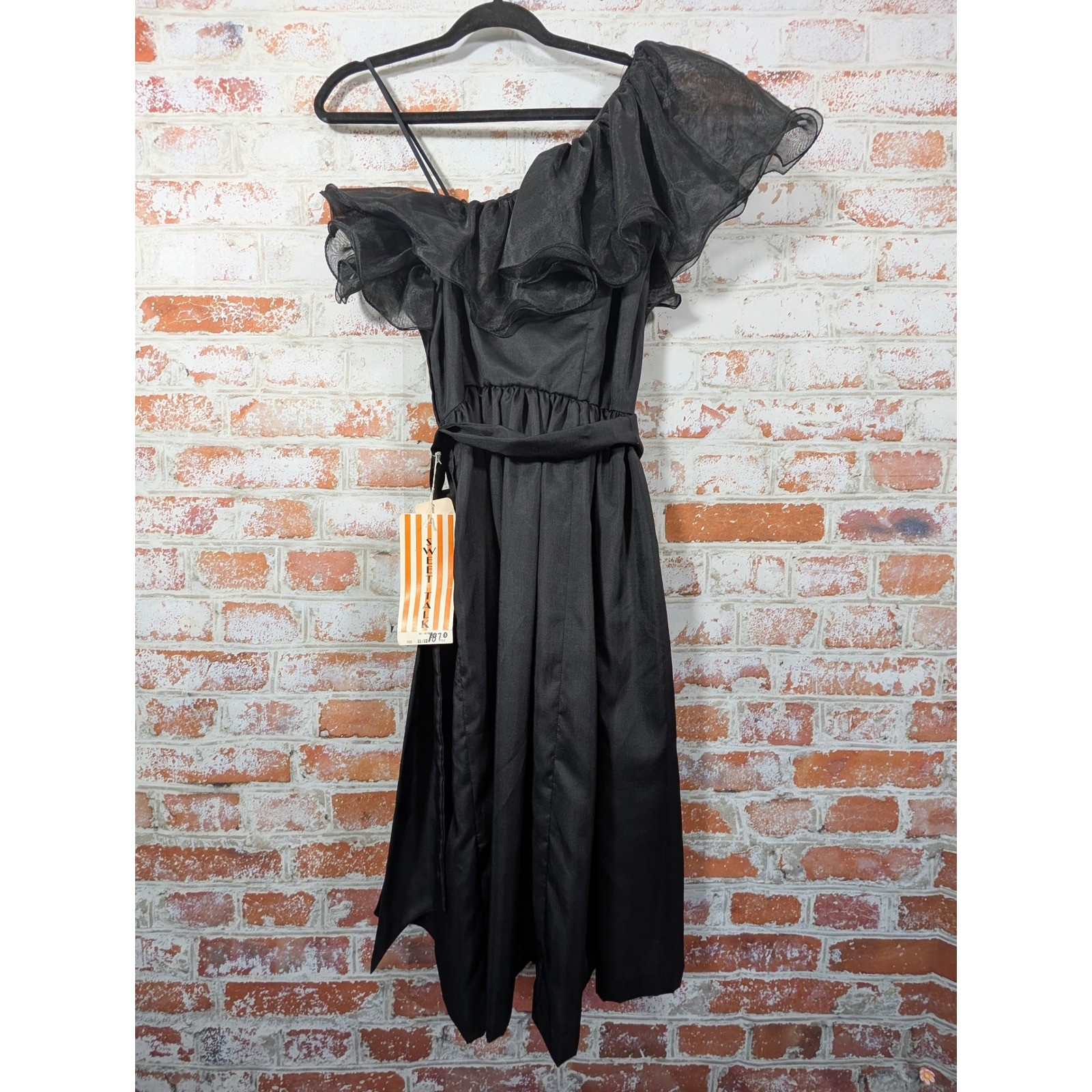 Sweet Talk One Shoulder Dress Womens 12 Black Vintage 70s 80s Ruffle Formal NWT