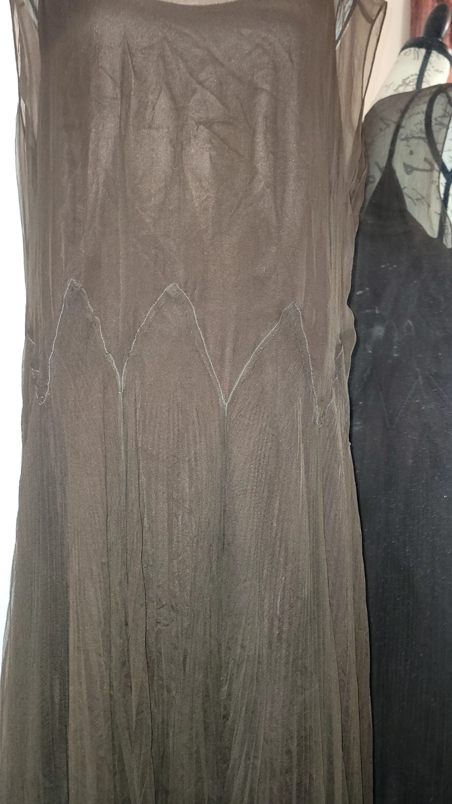Vtg 1930s Chocolate Silk? Chiffon Dress Built-in Lining Floor Length Sz Large