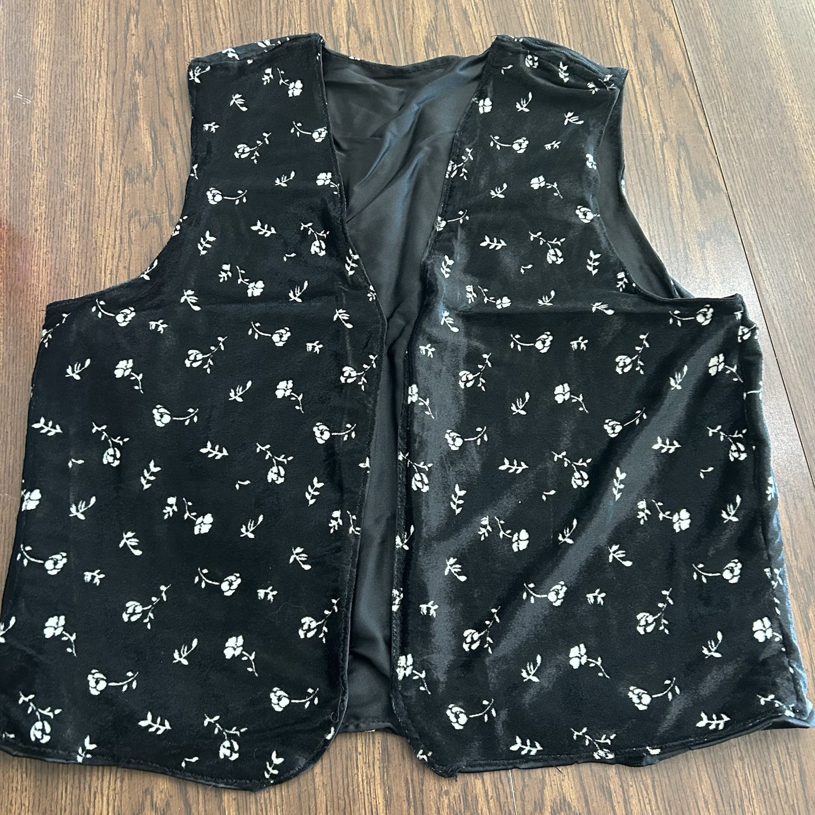 Vintage 90s Black Velvet Floral Print Open Front Vest Satin Lined L/XL