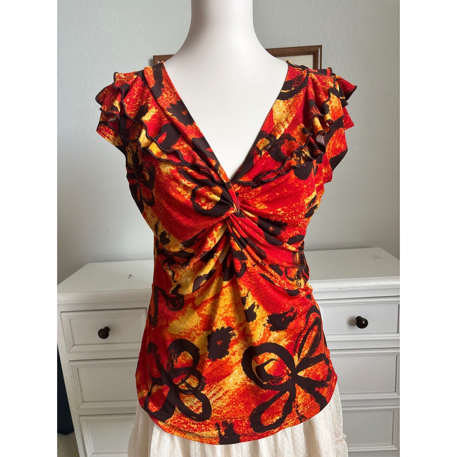 Y2K Vintage Suzie Top Red Orange Floral Ruffle Knot Front V-Neck Blouse Large