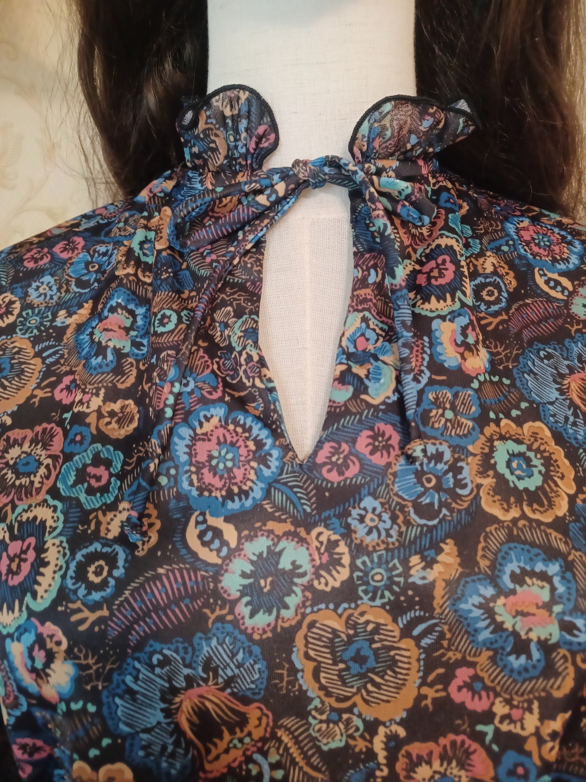 Vintage 1970s Blue Green Paisley Boho High Neck Victorian-Style 2 Piece Dress