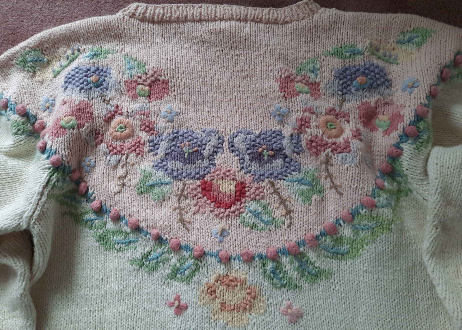 Jennifer Reed HAND KNIT 90’S Cream SWEATER W/ Flowers VINTAGE Cottagecore Size M