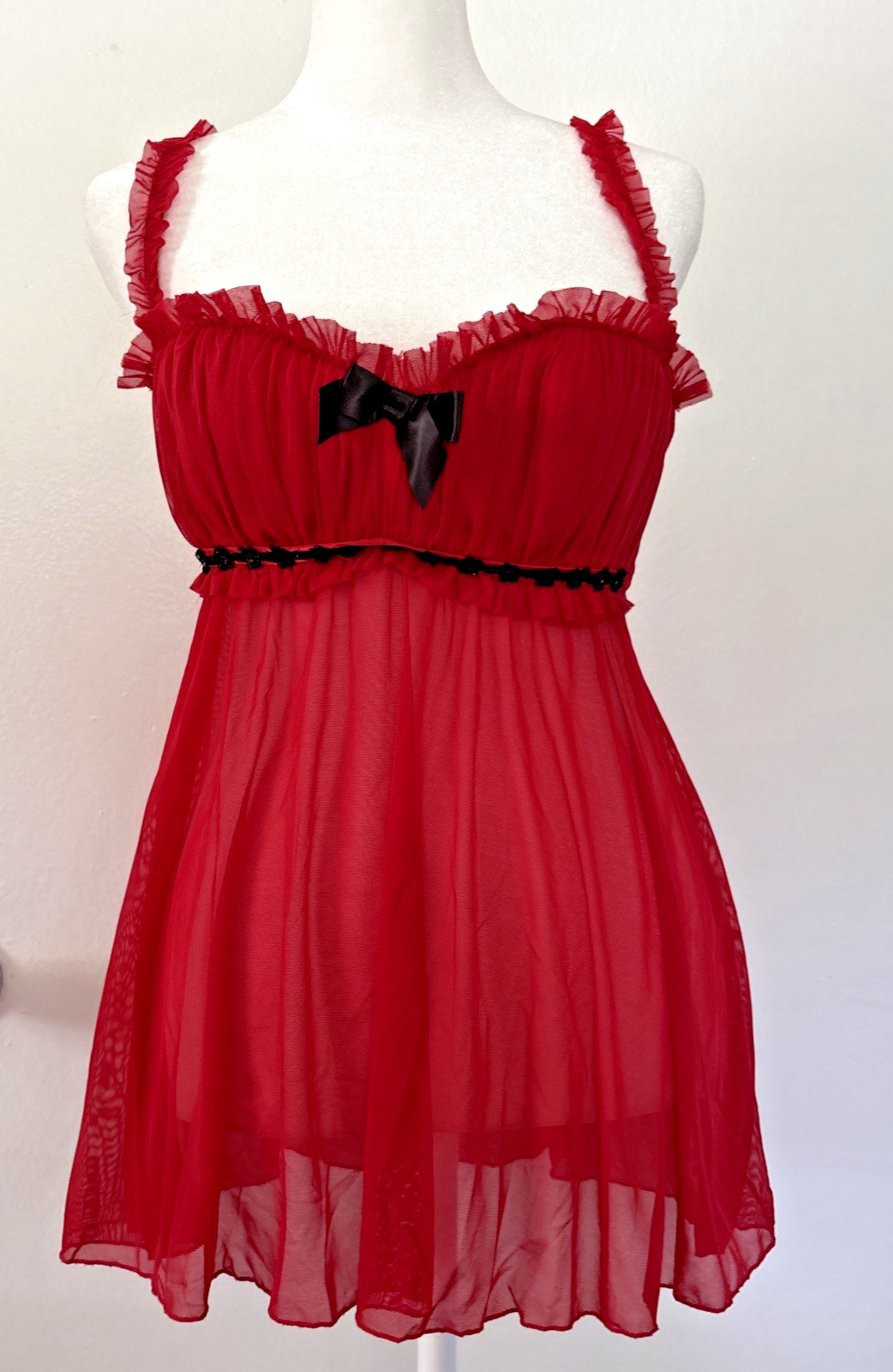 Vtg Fredericks of Hollywood L BabyDoll Slip Sheer Red Lace Coquette Burlesque