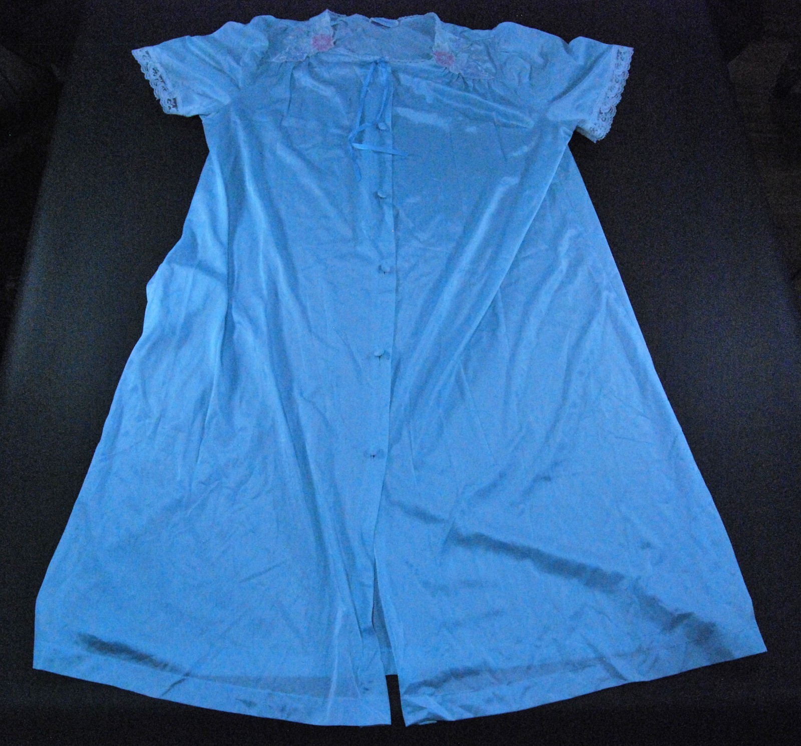 Vintage Lorraine Blue Nylon Button up Nightgown Button Front Night Shirt Large