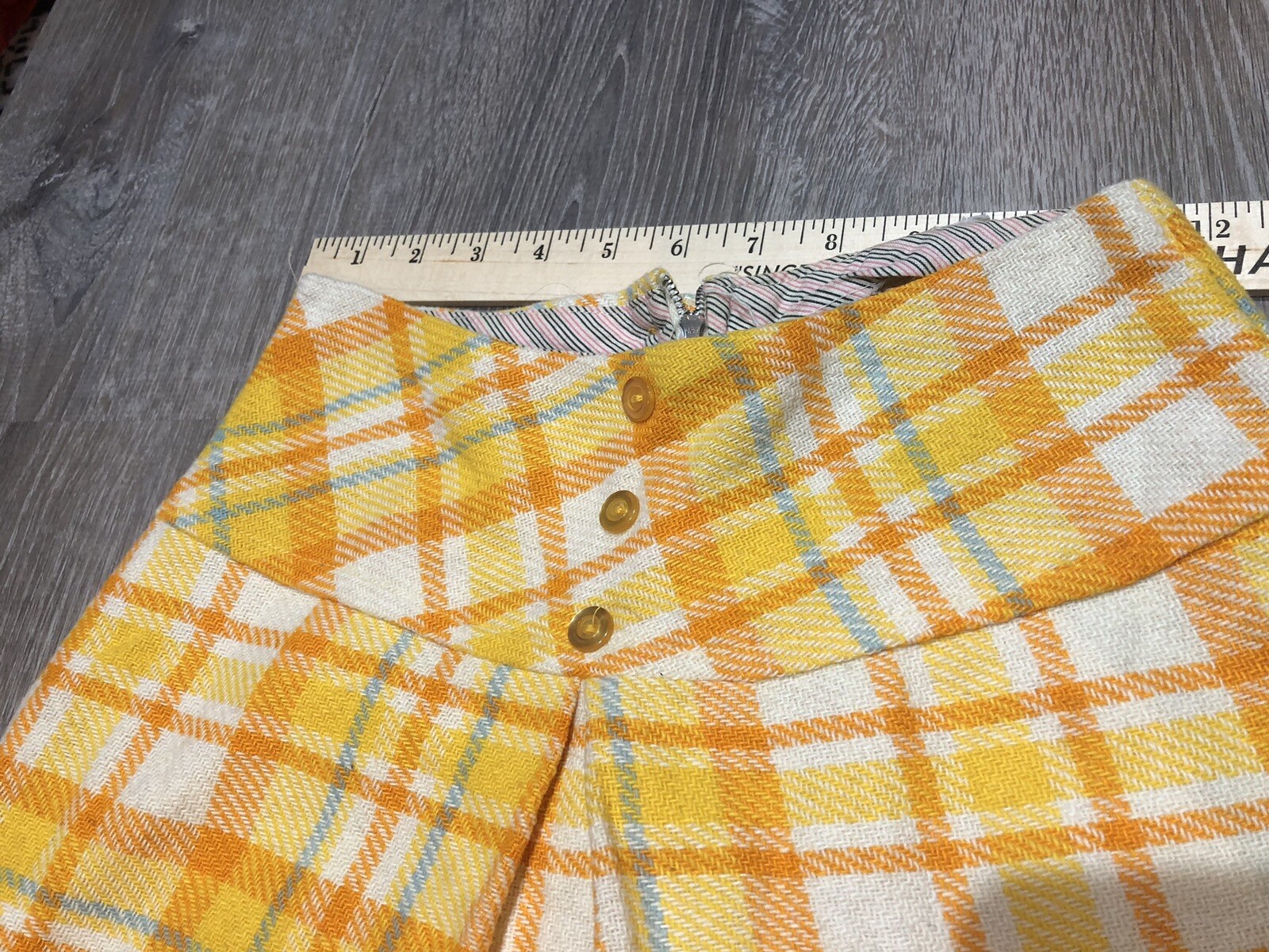 VTG 70’s Yellow Orange White Multi Wool Blend Plaid Preppy Mini Skirt~XS