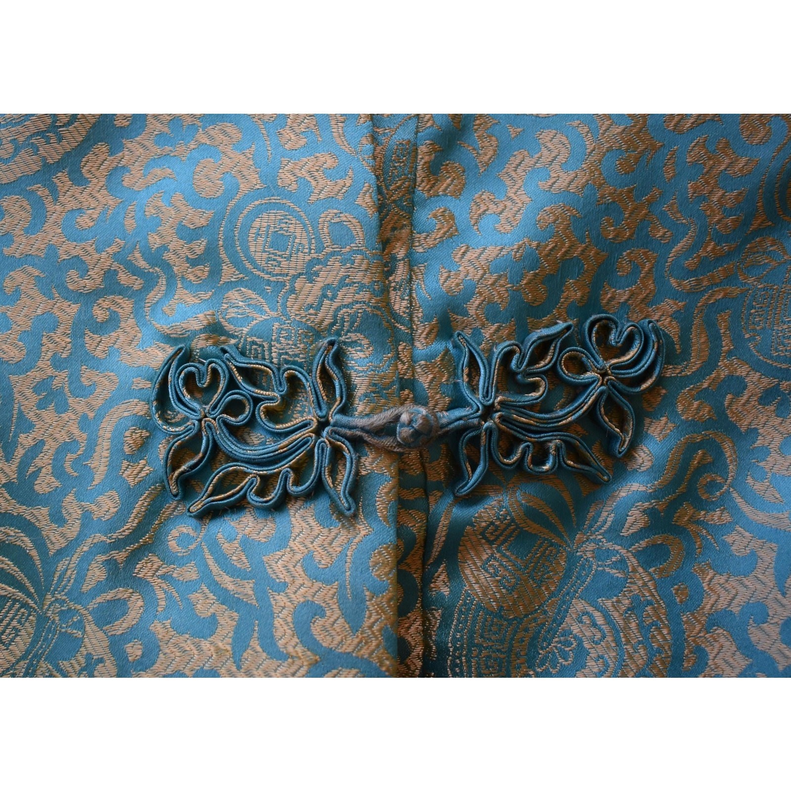 Vintage 60s Silk Jacquard Asian Jacket, Aqua Blue and Gold, Size L Large