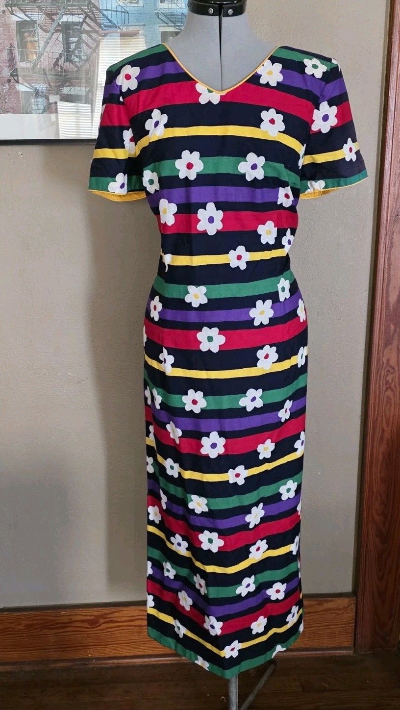 Vtg 80s Leslie Lucks Dress Rainbow Pencil Pride Bow Buttons Floral Sz 10