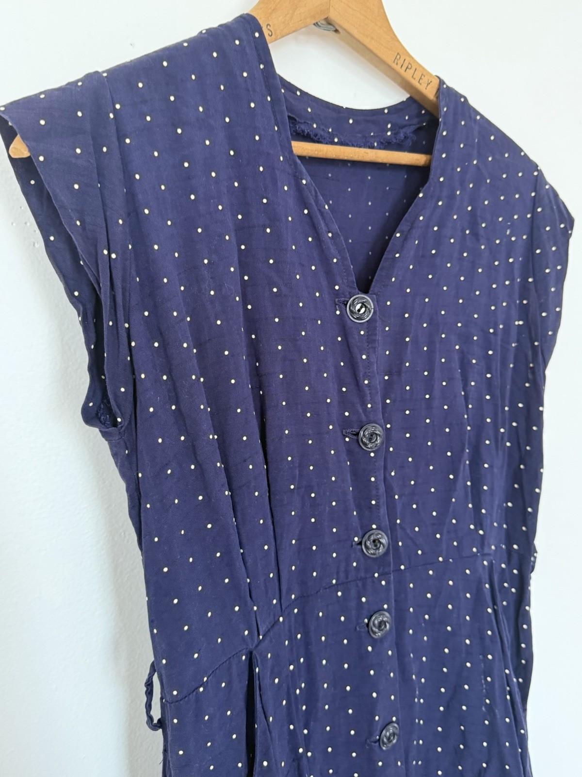 VINTAGE 40s FLOCKED POLKA DOT RAYON JERSEY BUTTON FRONT SLEEVELESS MIDI DRESS SM
