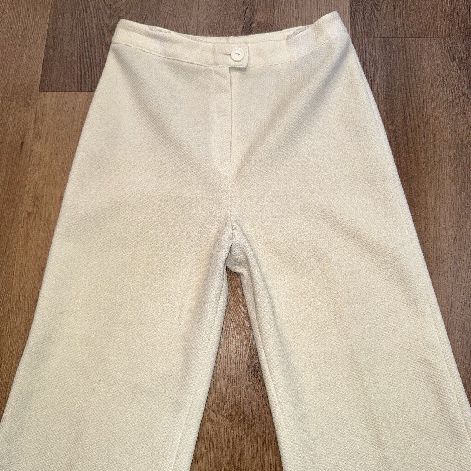 Vtg Bell Bottom Pants Womens 27 27 Loubella 60s 70s Polyester Disco Hippie Cream