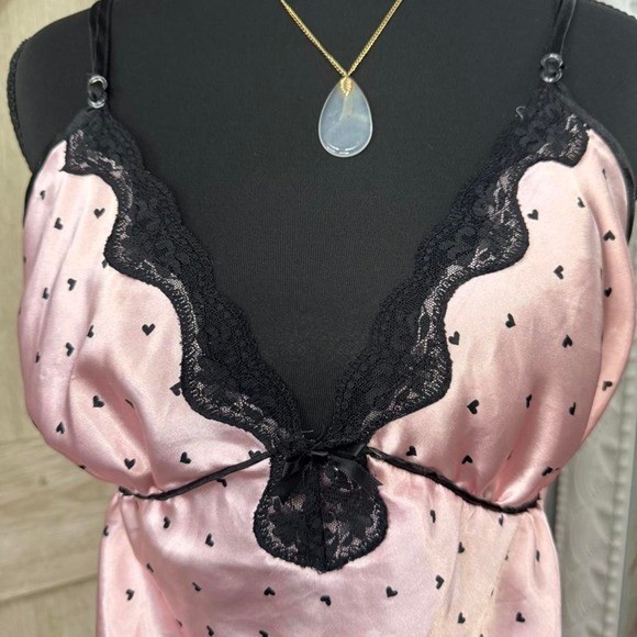 Y2K Pink Heart Slip Dress Lingerie with Black Lace – Large