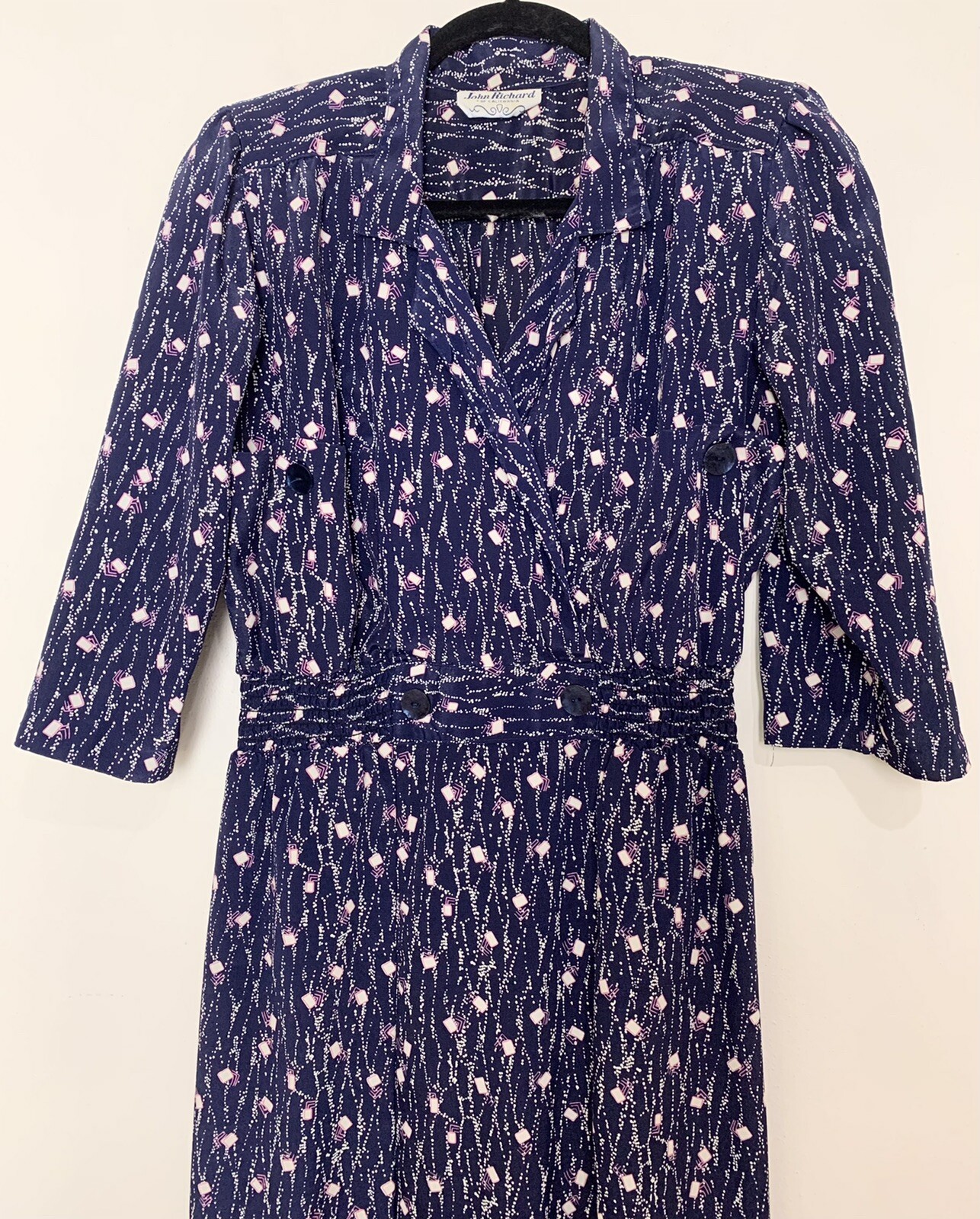 VTG 80s dress John Richard Of California Blue Print Womens Sz M/L Puff Sleeve