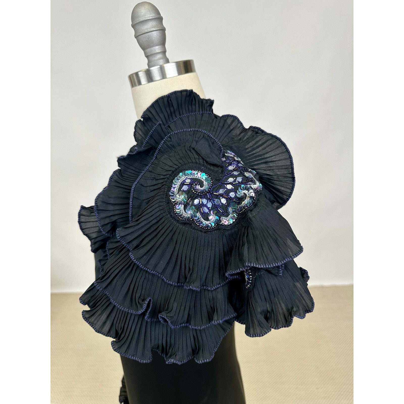 Vintage 1980s Designer Zandra Rhodes Black Dress with Elaborate Ruffle Details