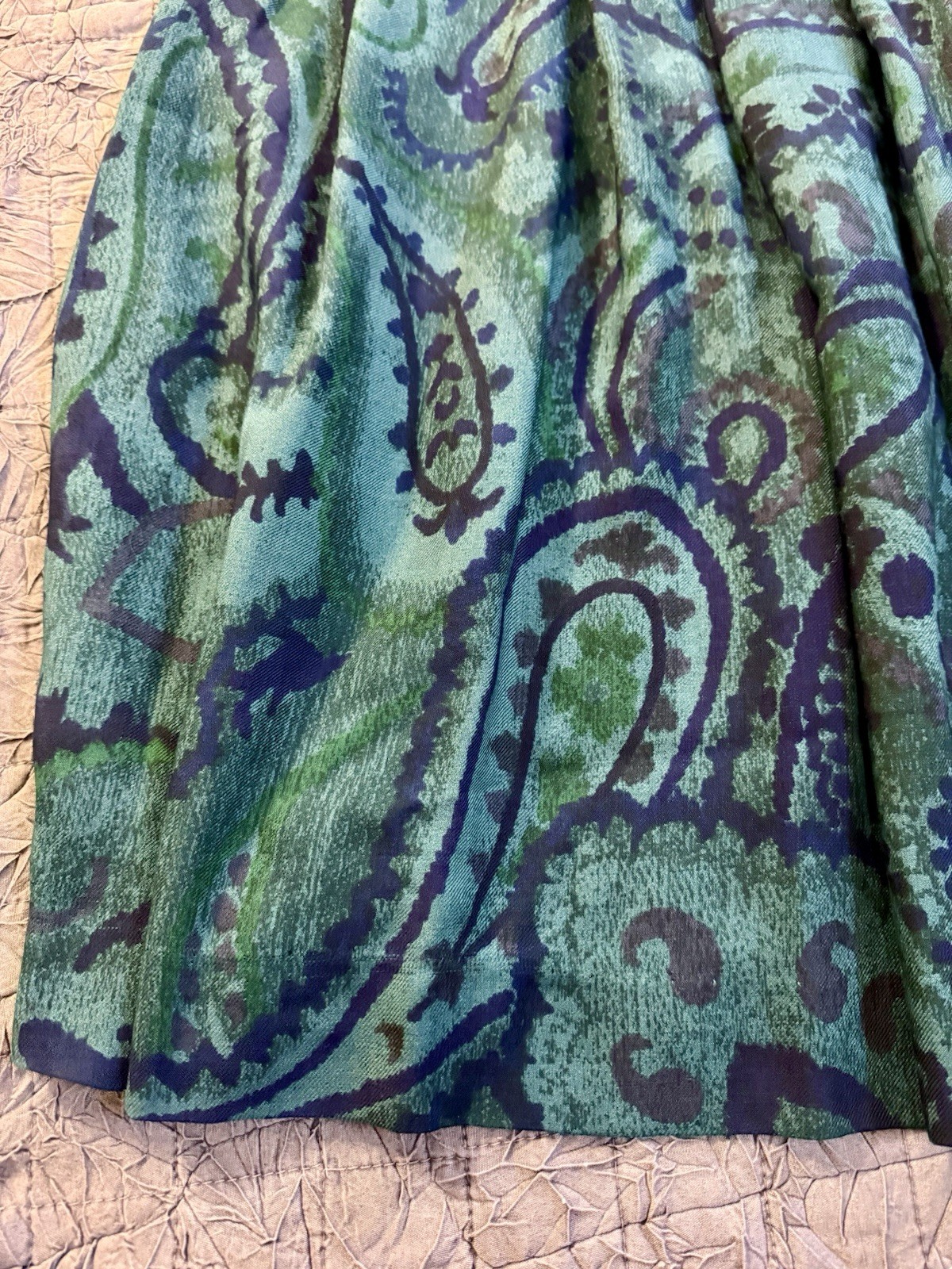 VTG Perry Ellis Wool Silk Paisley Skirt 14 Midi Green Blue Golden Girl Core 80s