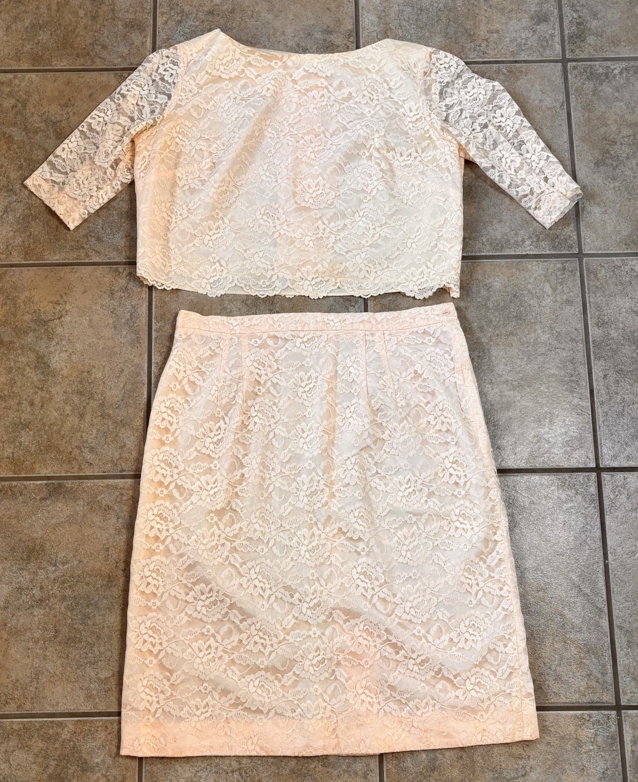 VTG Sears Fashion 2 Piece Lace Overlay Set Skirt & Top Pale Peach Lined Sz 12/14