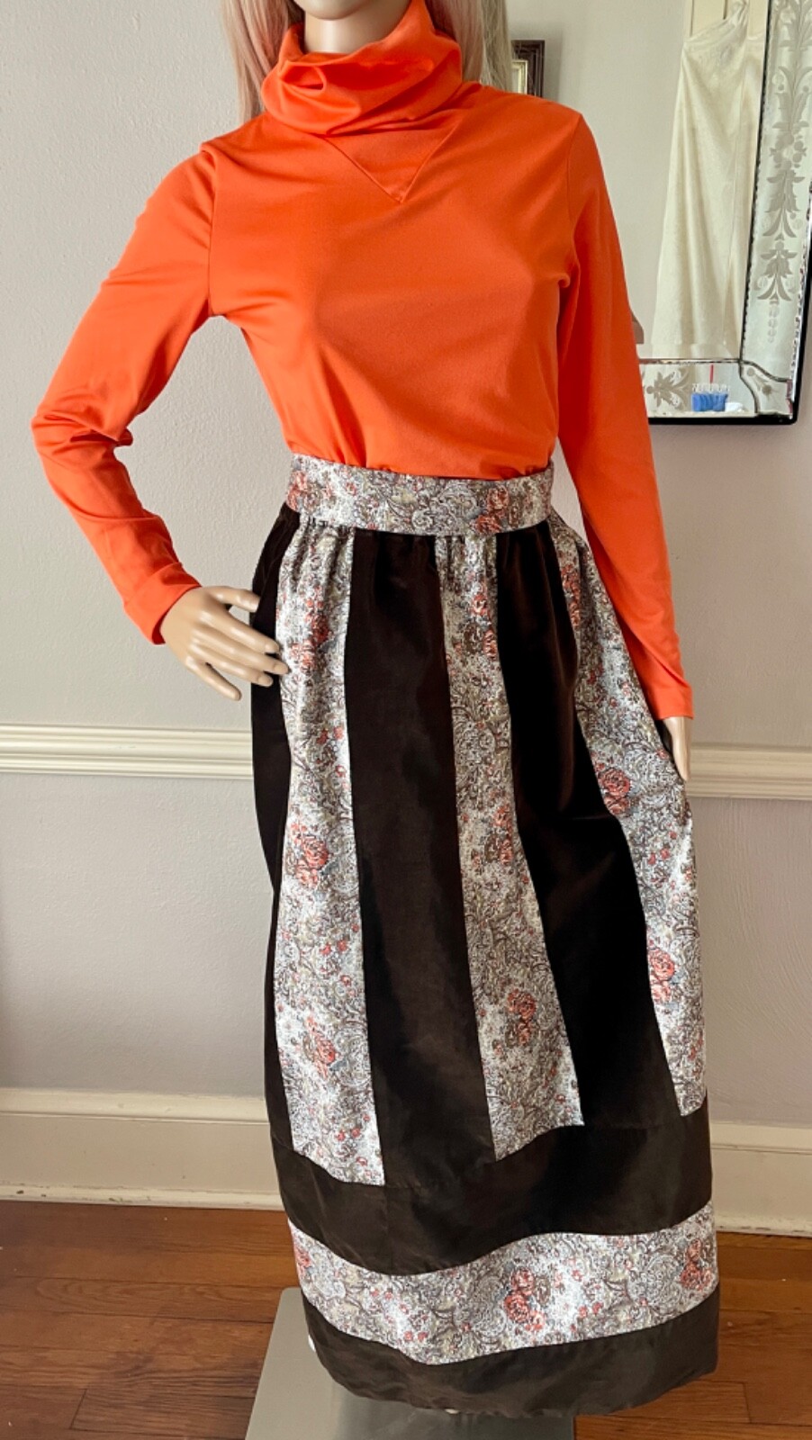 1970s Mr Hank Vintage Set, Velvet Patchwork Maxi Skirt, Cowl Neck Top, Size S
