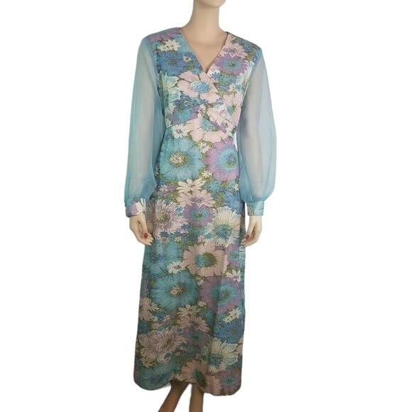 Vtg 70s floral lurex metallic sheer sleeve chiffon hostess formal maxi dress