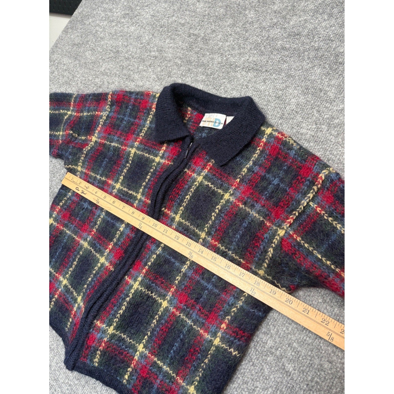 Vintage Paul Harris Design Mohair Blend Plaid Zip Up Cardigan Sweater Medium