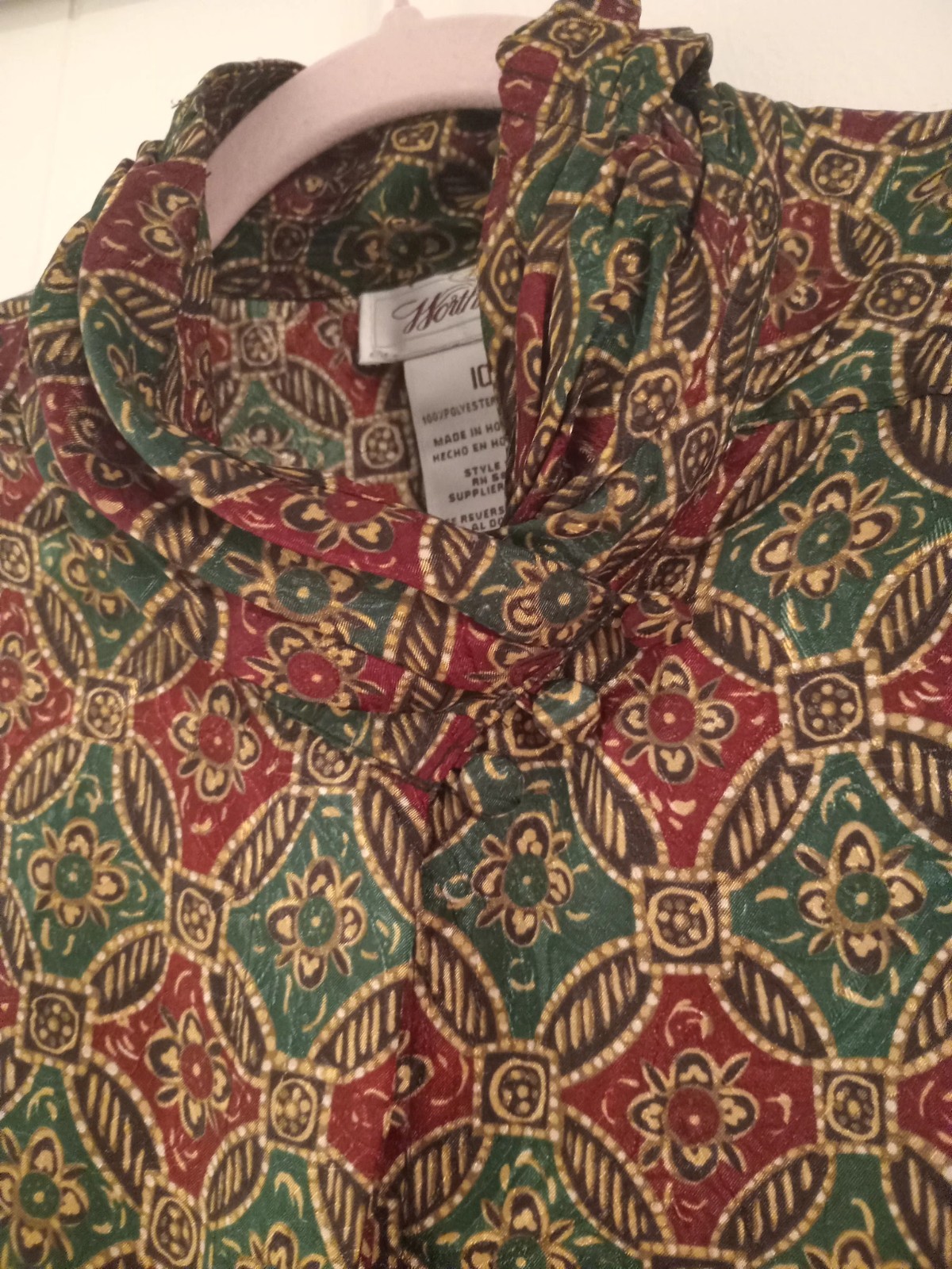Vintage Cute Blouse, Button Down, Red and Green with Gold Details