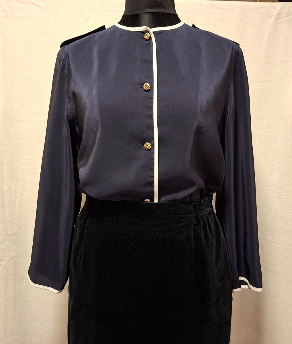 Vintage 80s Navy Blue Button Up Blouse With Gold Buttons And Cream Piping