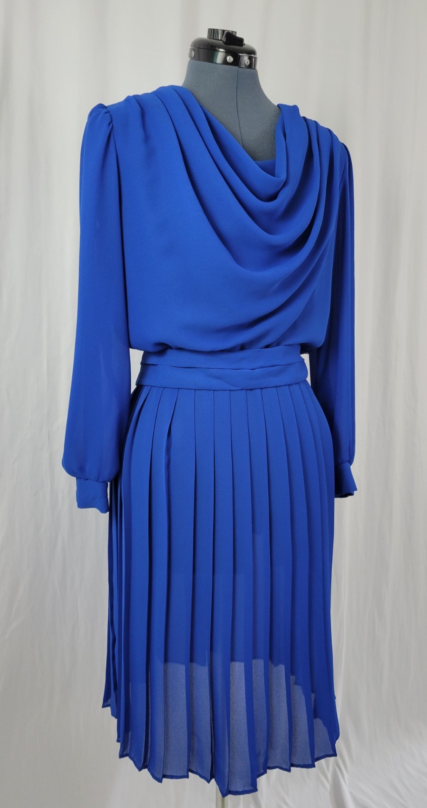 Vtg Lisa Michaels Blue Blouson Dress w Draped Neckline & Matching Belt Size 8