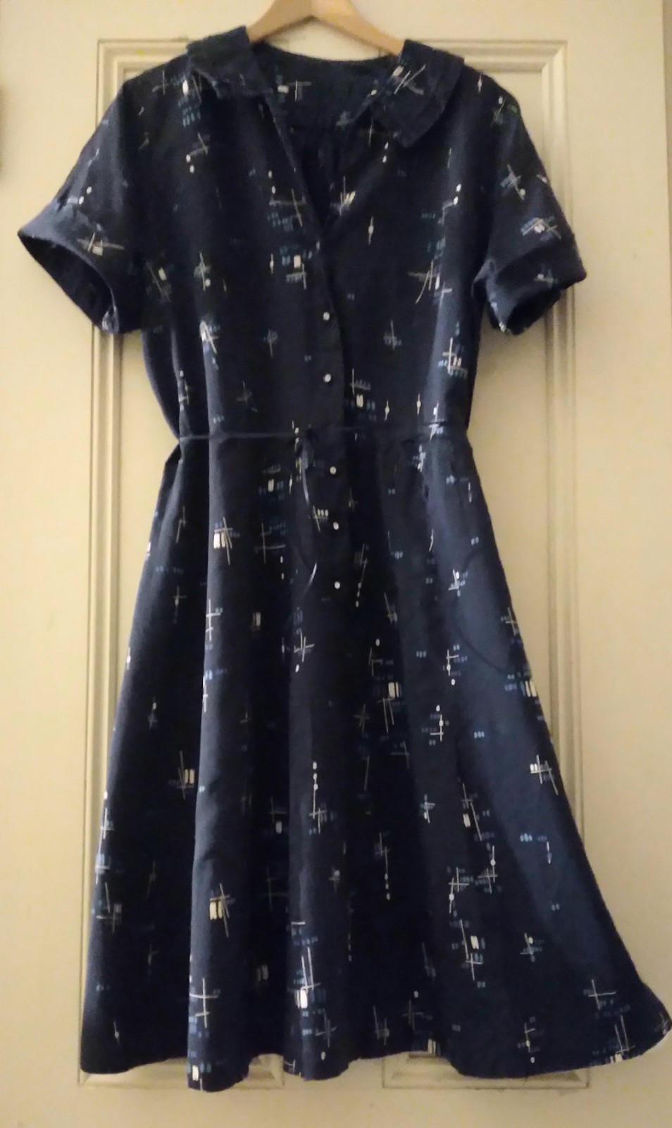 Vintage 40s 50s Navy Novelty print Cotton Dress XXL 3xl rhinestone buttons 1940s