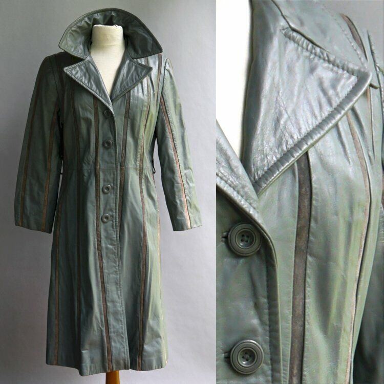 VTG 70s Grey Leather Coat American Hustle Striped w/ Suede Cutout The Tannery M