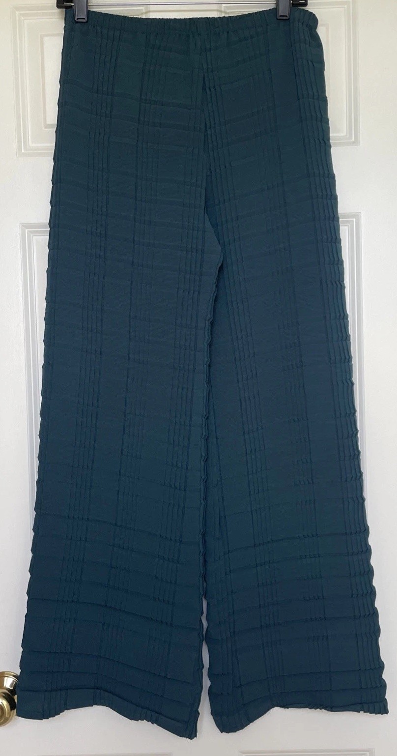 Vintage Babette Green 2 Pc Set Crinkled Top Pleated Wide Leg Pants Size S USA