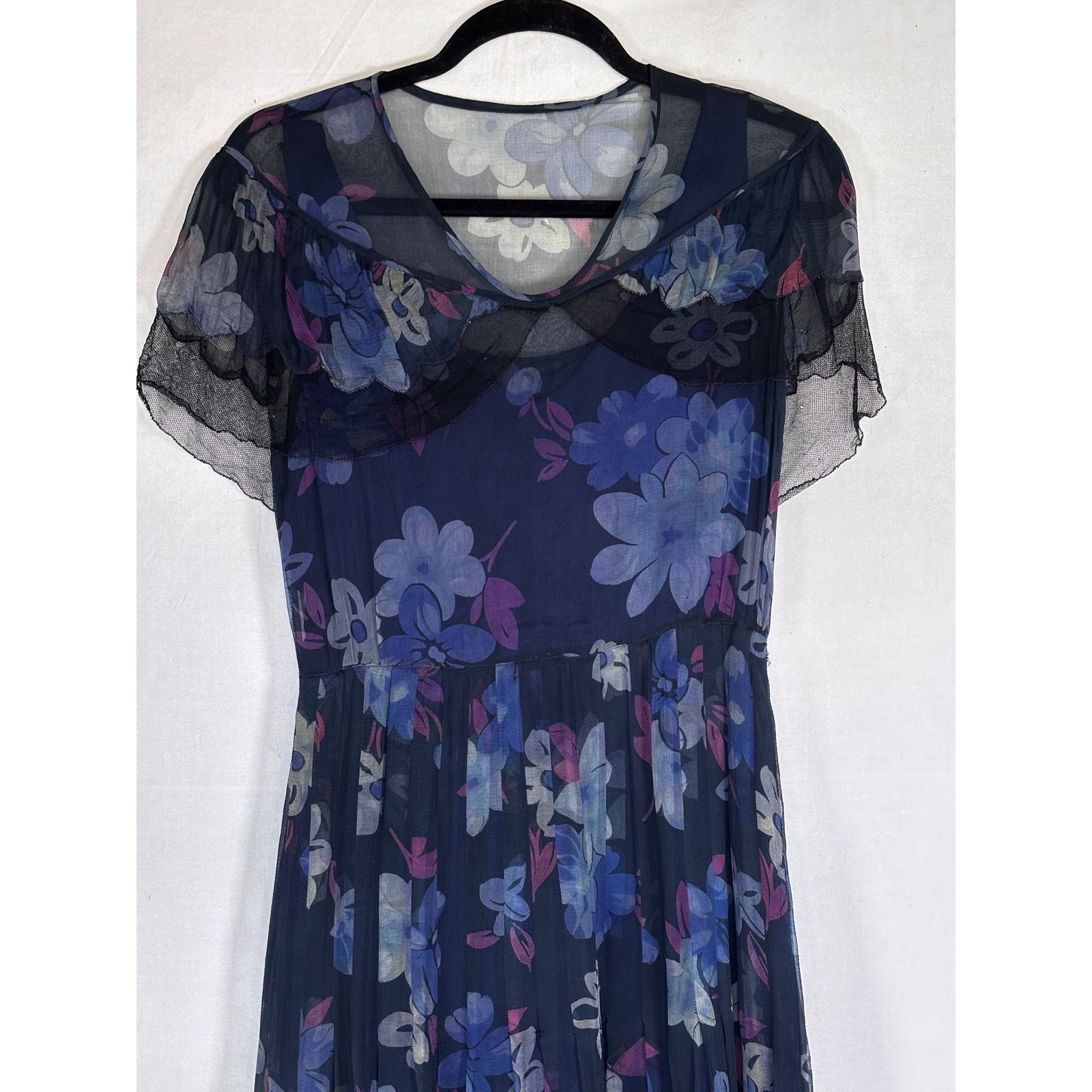 Antique 1920s Navy Floral Silk Dress Flapper Era Flutter Sleeve Drop Waist
