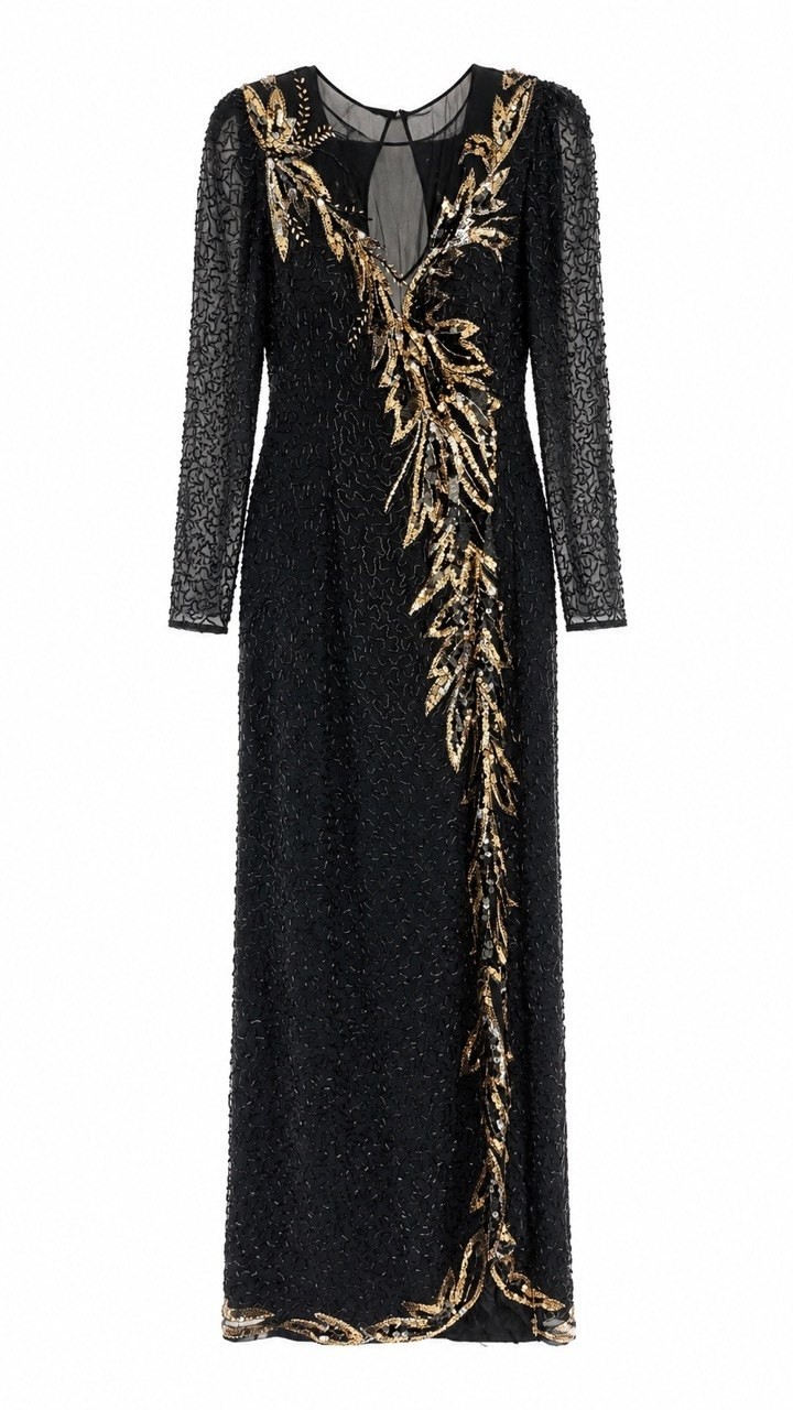Vintage Niteline Della Roufogali Size 14 Black Gold Beaded Evening Gown Excellen