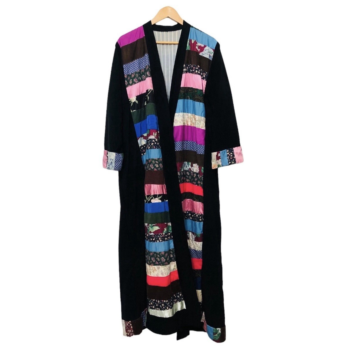 Vintage 60s 70s Velvet Patchwork Duster Jacket Long Maxi Coat Large / XL