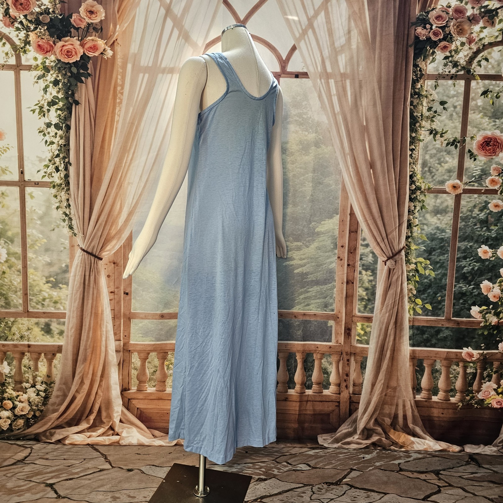 Vintage 1970s Dress Maxi Floor Length Baby Blue Floral Bee Patch Sleeveless Tank