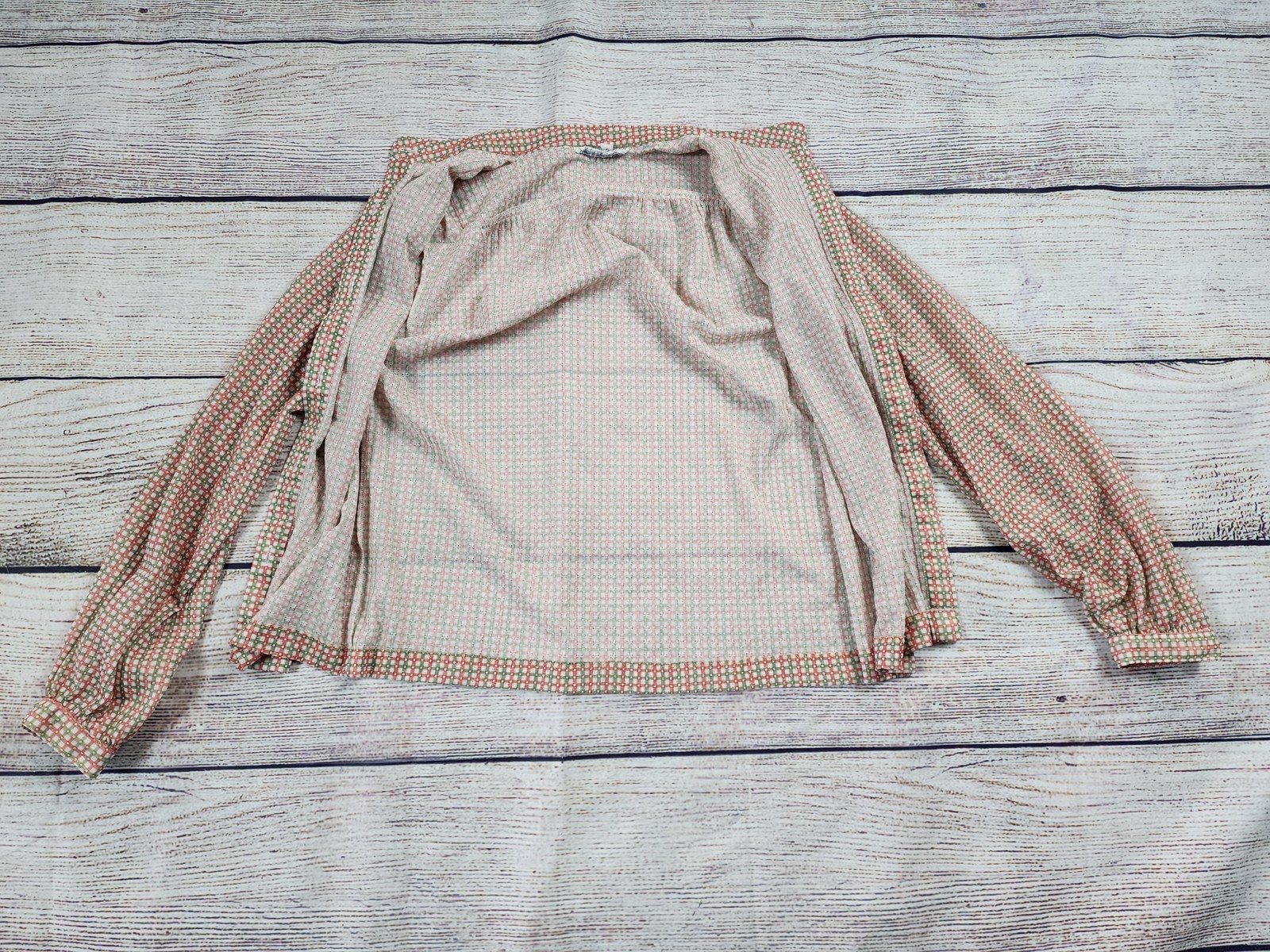 VTG 70s Sears Knit Boutique Large Green Pink Checkered Button Up Shirt Prairie